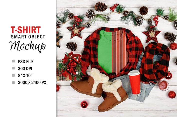 Christmas T-Shirt Mockup Flatlay Photoshop PSD