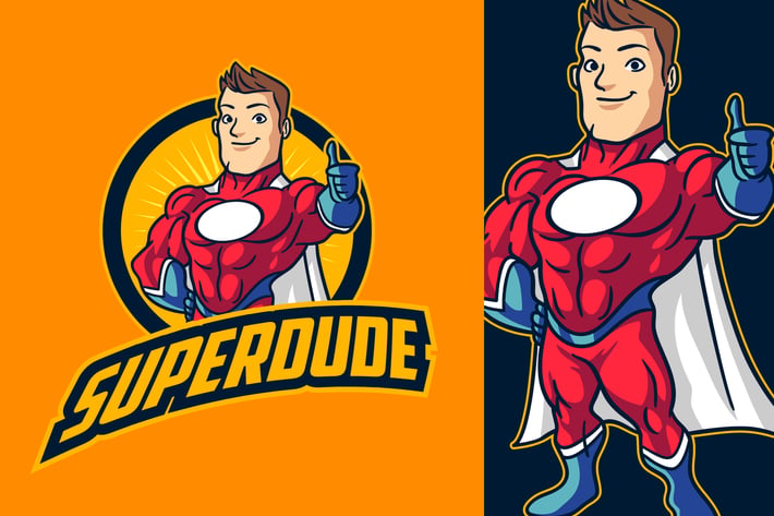 Cartoon Retro Strong Muscular Superhero Logo