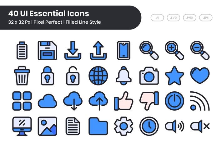40 UI Essential Icons Set - Filled Line