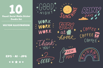 Kawaii Social Media Stickers Doodle Set