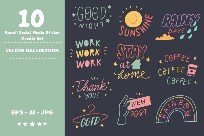 Kawaii Social Media Stickers Doodle Set