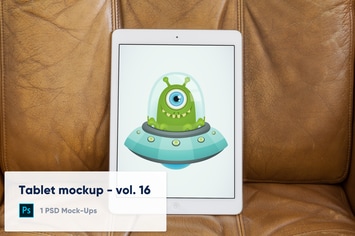 Tablet on Brown Leather Background Mockup - Vol.16