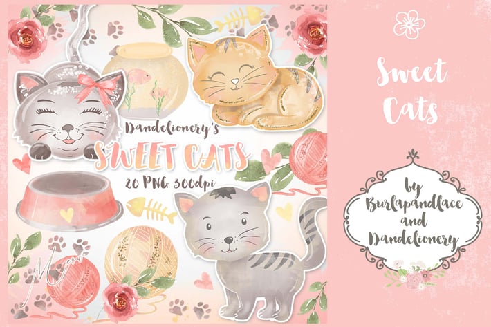 Watercolor Sweet Cats Clipart