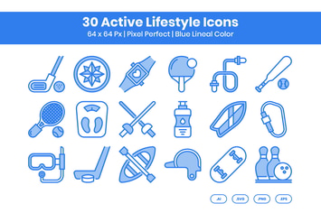 30 Active Lifestyle Icons Set - Blue Lineal Color