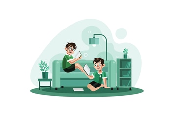 Two brothers reading books at home