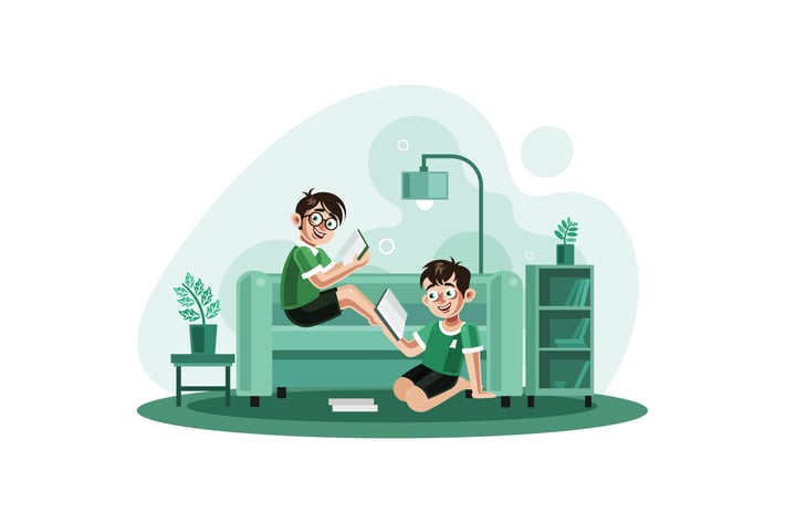 Two brothers reading books at home