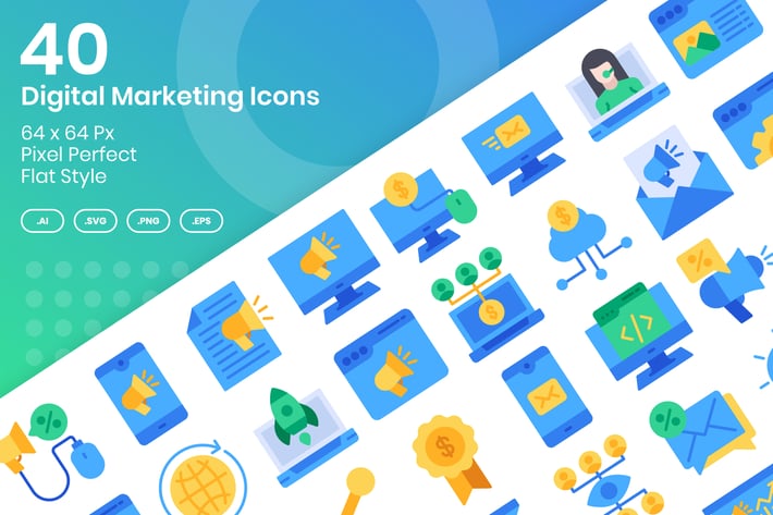 40 Digital Marketing Icons Set - Flat