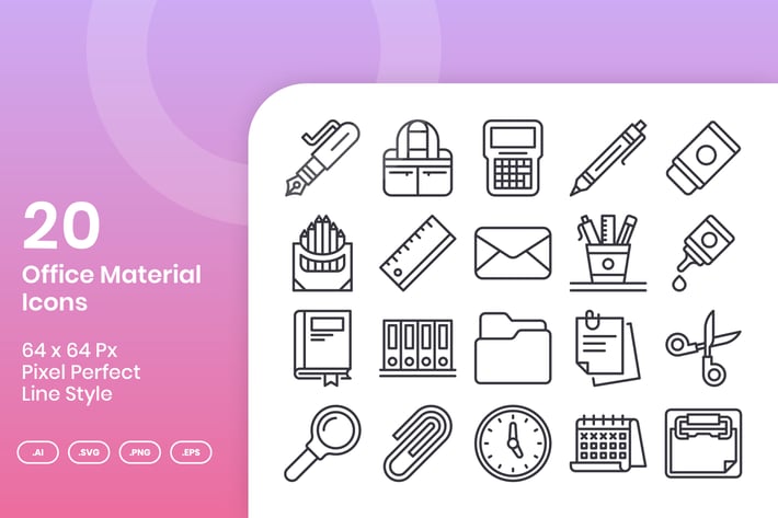 20 Office Material Icons Set - Line