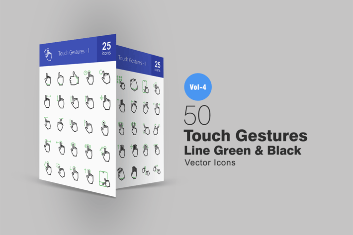 50 Touch Gestures Line Green & Black Icons