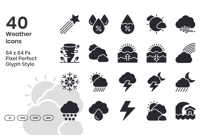 40 Weather Icons Set - Glyph