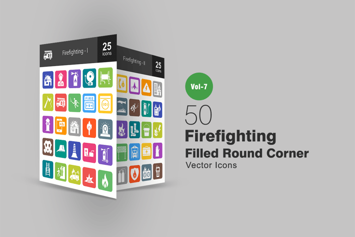 50 Firefighting Filled Round Corner Icons