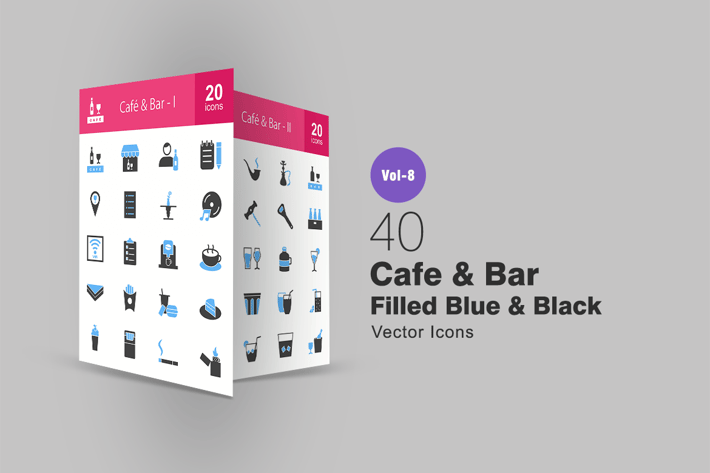 40 Cafe & Bar Filled Blue & Black Icons