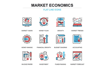 Thin line global market economics icons set