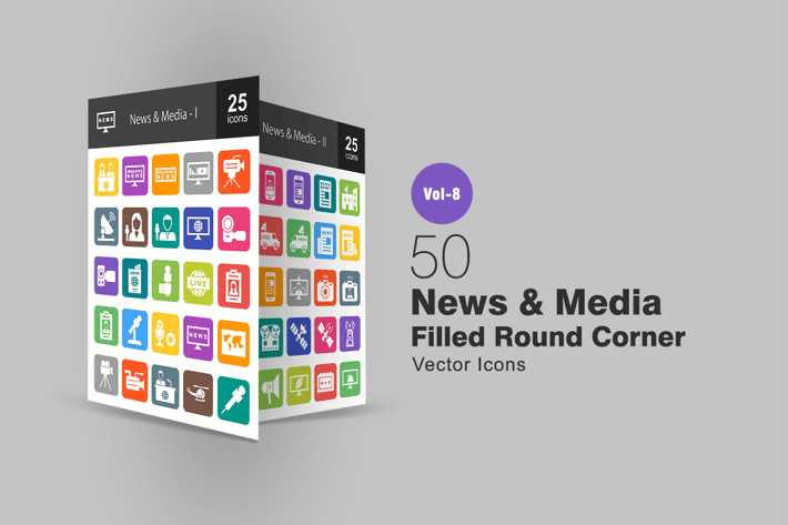 50 News & Media Filled Round Corner Icons