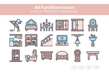40 Furniture Icons Set - Filled Line