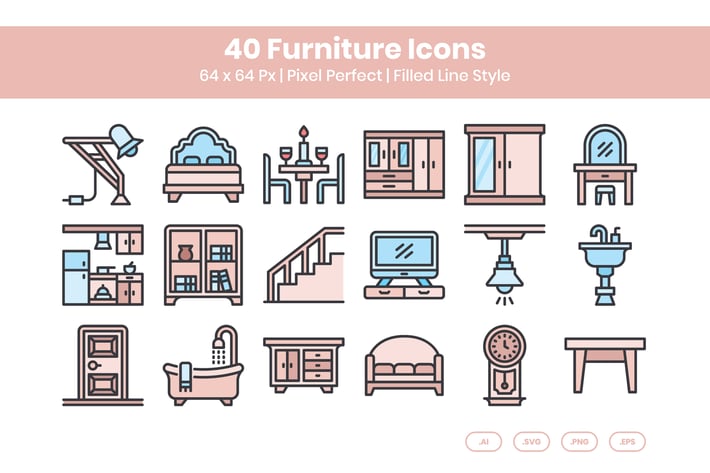 40 Furniture Icons Set - Filled Line