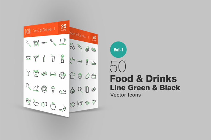 50 Food & Drinks Line Green & Black Icons