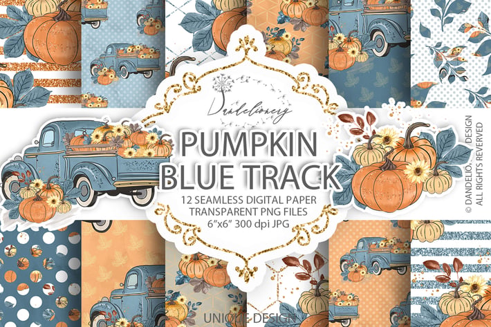 Pumpkin Truck Blue digital paper pack