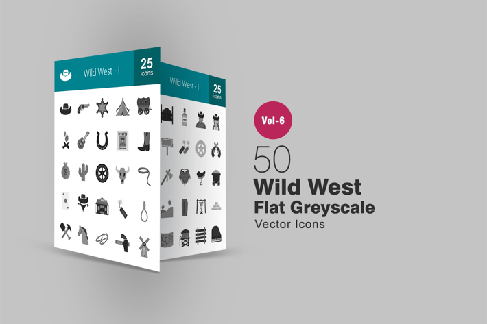 50 Wild West Flat Greyscale Icons