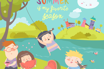 Kids eating watermelon. Summer picnic by the river