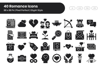40 Romance Icons Set - Glyph Style