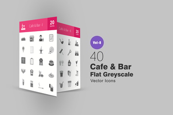 40 Cafe & Bar Flat Greyscale Icons