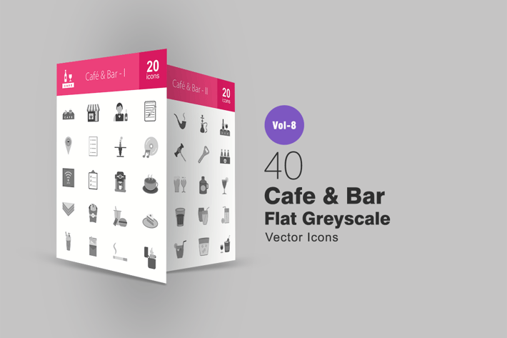 40 Cafe & Bar Flat Greyscale Icons