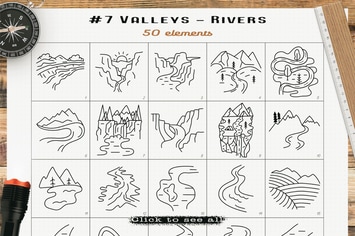 Valleys Rivers Icons Set Line Art Graphics Symbols