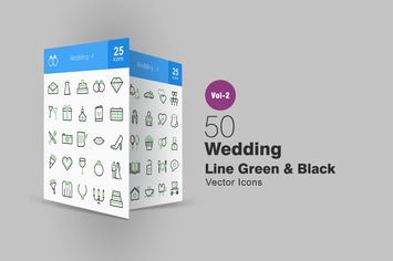 50 Wedding Line Green & Black Icons
