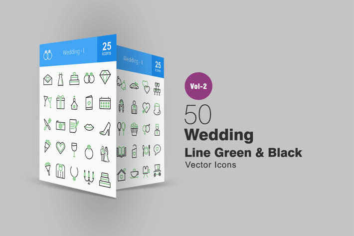 50 Wedding Line Green & Black Icons