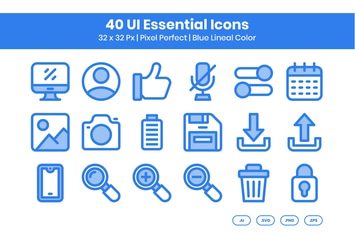 40 UI Essential Icons Set - Blue Lineal Color