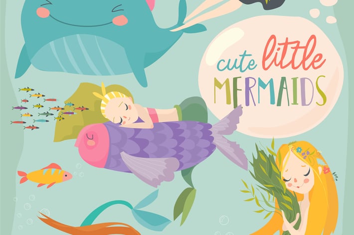 Mermaid girls vector illustration. Cute cartoon ca