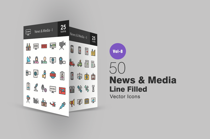 50 News & Media Line Filled Icons