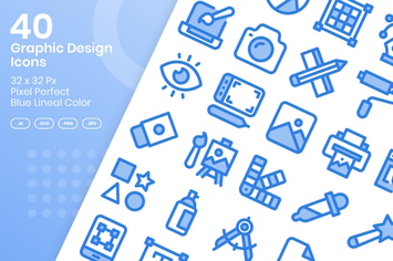 40 Graphic Design Icons Set - Blue Lineal Color