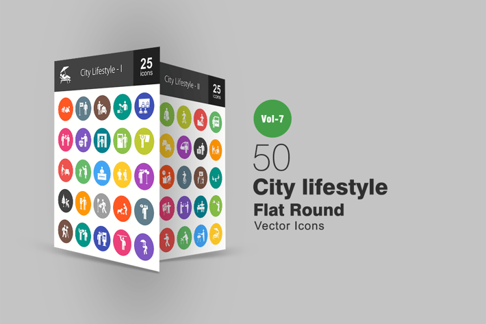 50 City Lifestyle Flat Round Icons