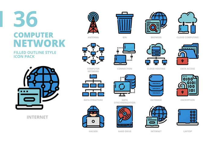 Computer Network Filled Outline Style Icon Set