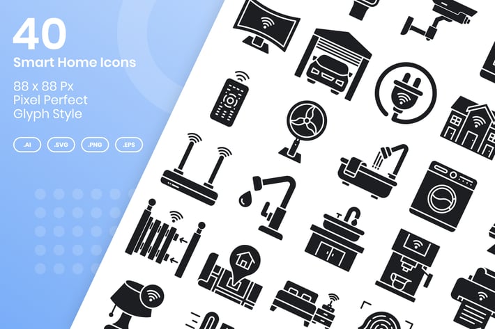 40 Smart Home Icons Set - Glyph