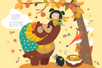 Funny bear with cute girl harvesting apples. 