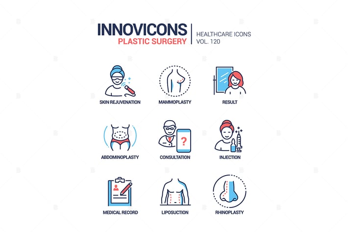 Plastic surgery - line design style icons set