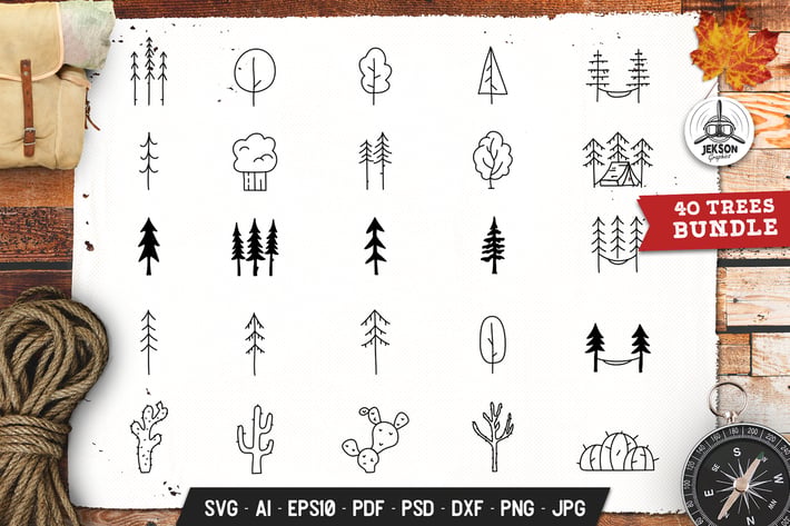 Forest Trees Set Adventure Line Art Vector Graphic