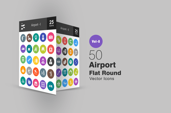 50 Airport Flat Round Icons