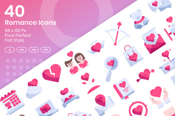 40 Romance Icons Set - Flat Style
