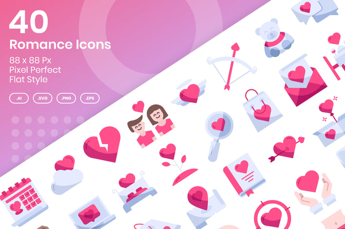 40 Romance Icons Set - Flat Style
