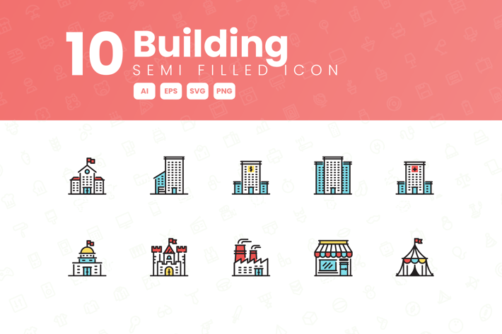 10 Building Semi Filled Icon Collection