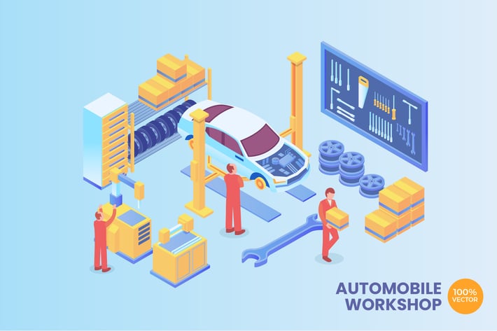 Isometric Automobile Workshop Vector Concept