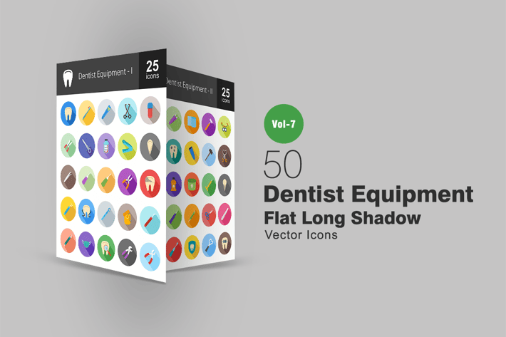 50 Dentist Equipment Flat Shadowed Icons