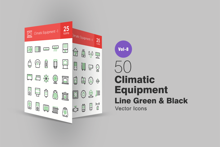 50 Climatic Equipment Green & Black Line Icons