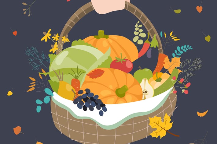 Wooden basket with vegetables. Happy Thanksgiving 