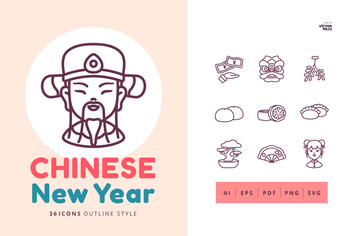 36 Icons Chinese New Year Outline Style