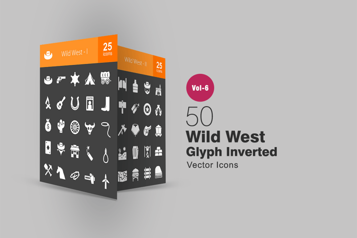 50 Wild West Glyph Inverted Icons